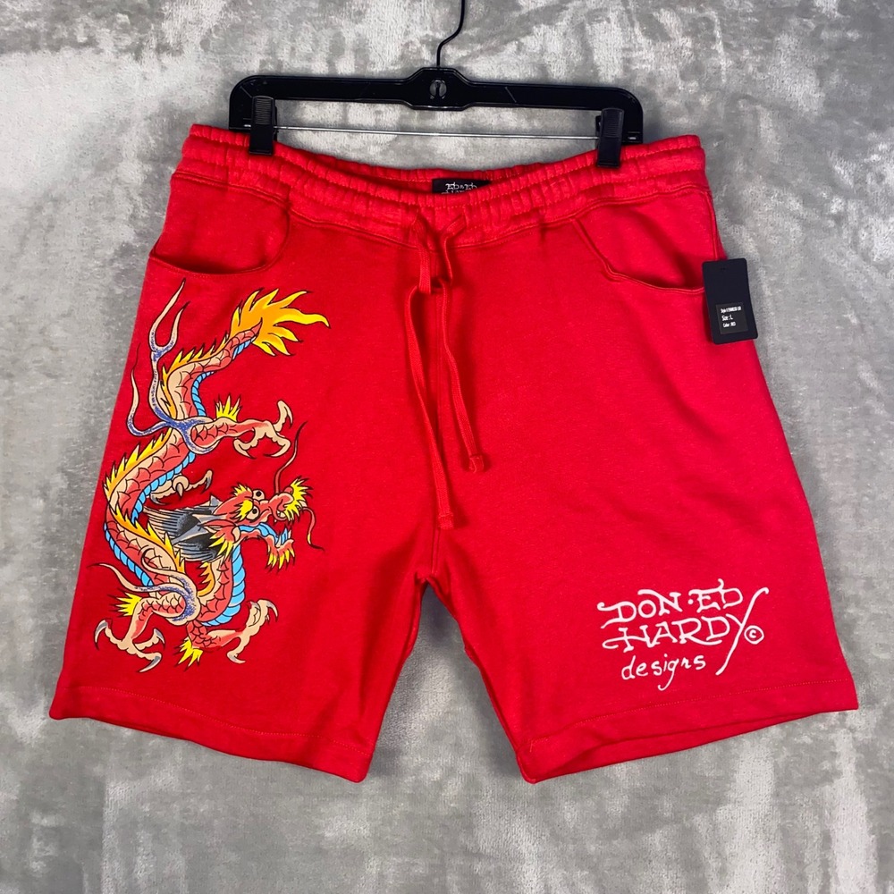 ED‎ Hardy Mens Red Dragon Print Sweat Shorts Size L EHM810016R NWT